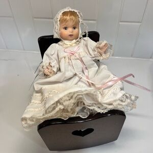 Porcelain Baby Doll Lace Christening Gown Bonnet 7” With Wood Cradle